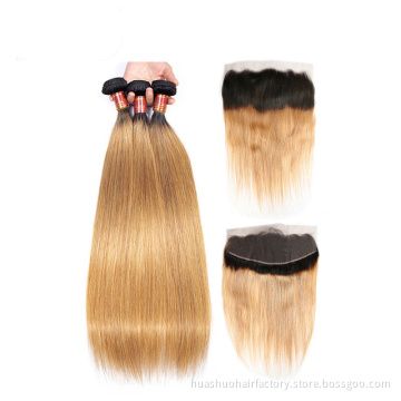 Indian Peruvian Brazilian Virgin Hair Color 1b Number 27 Ombre Bundles Silky Straight Wave Weave With Frontal